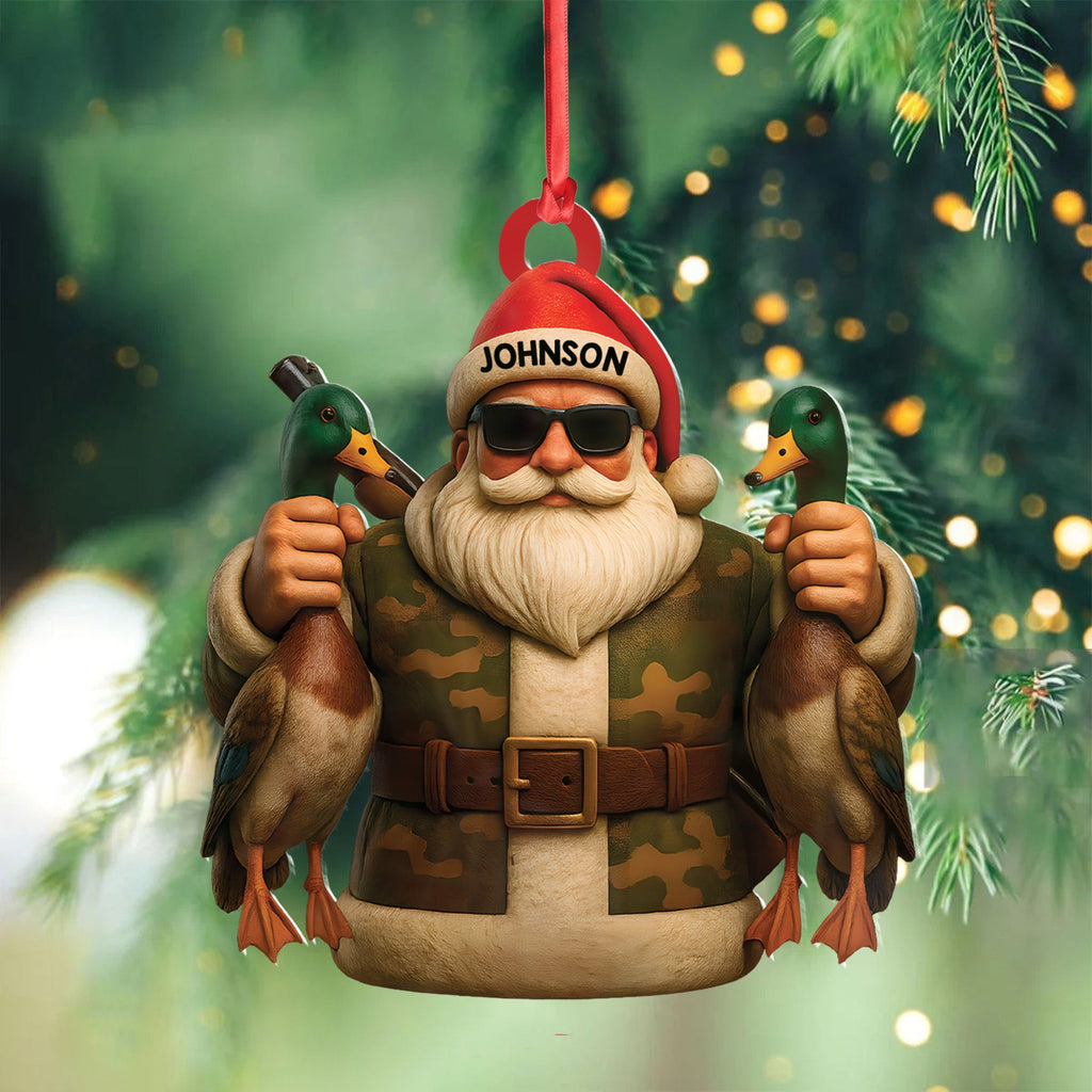 Personalized Duck Hunter Santa Acrylic Ornament - Funny Christmas Gift for Hunters - Custom Name Camo Decor