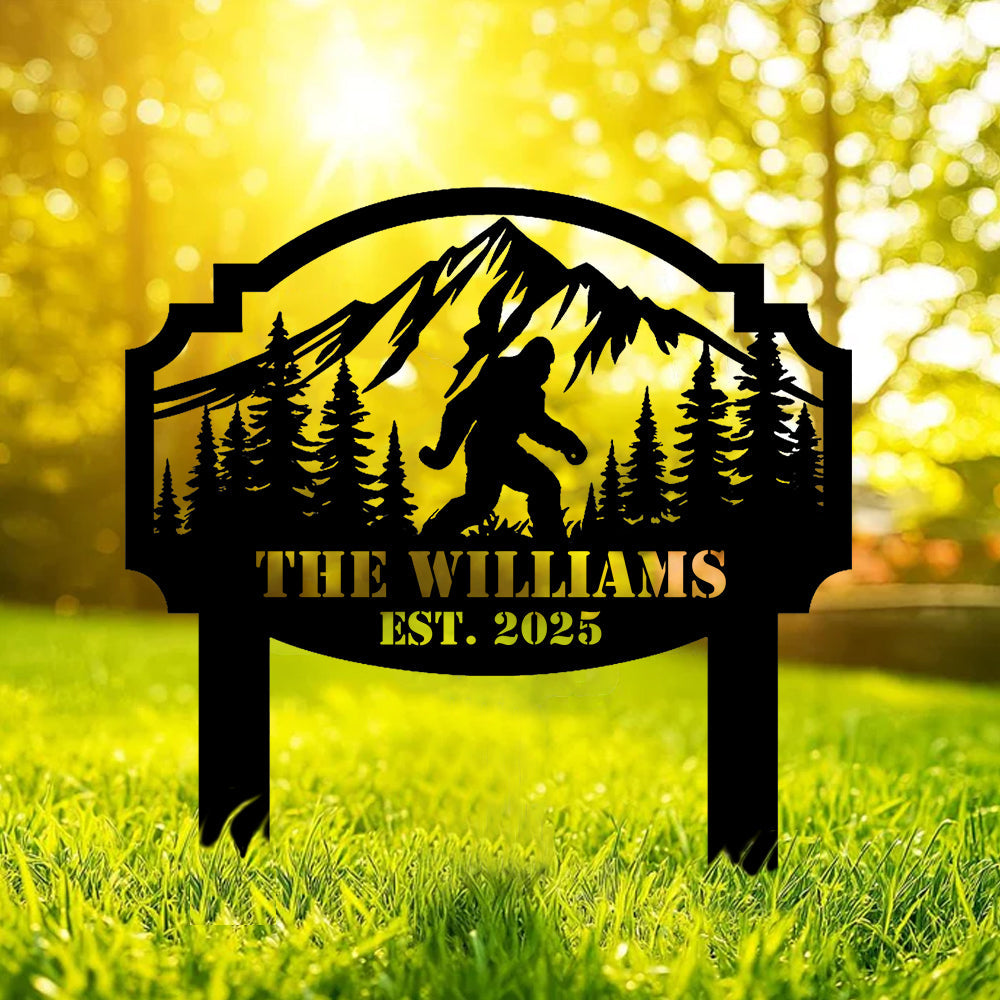 Personalized Bigfoot Mountain Scene Metal Sign – Custom Family Yard Sign