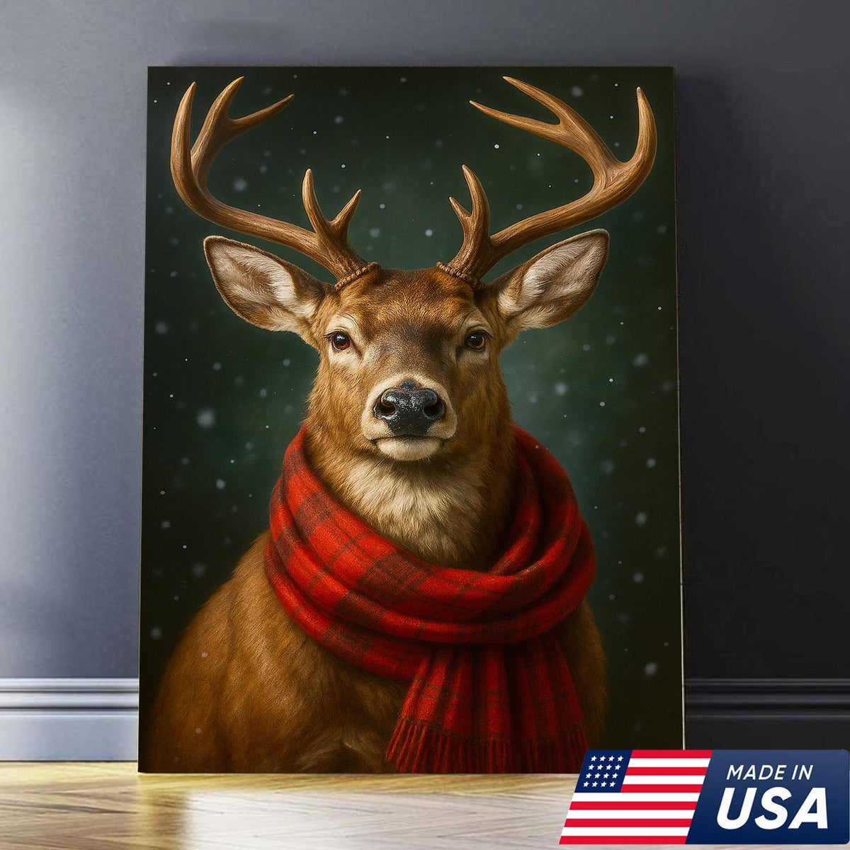 Winter Buck in Red Scarf – Christmas Cabin Wall Art, Rustic Christmas Decor