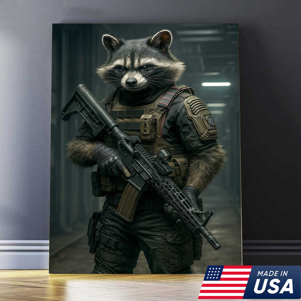 Tactical Raccoon Canvas Art – Elite Armored Trash Panda Warrior
