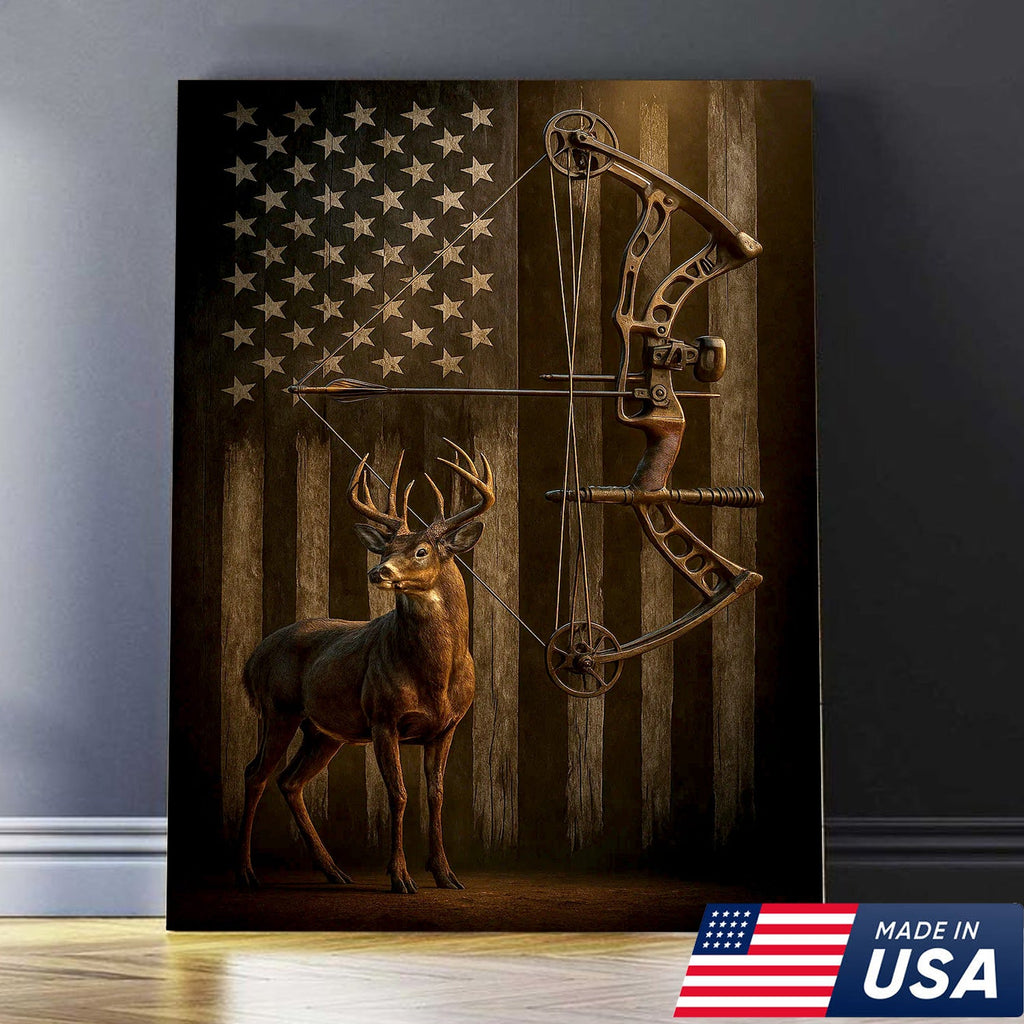Deer and Bow American Flag Canvas Wall Art — Patriotic Hunting Decor Featuring Buck and Compound Bow