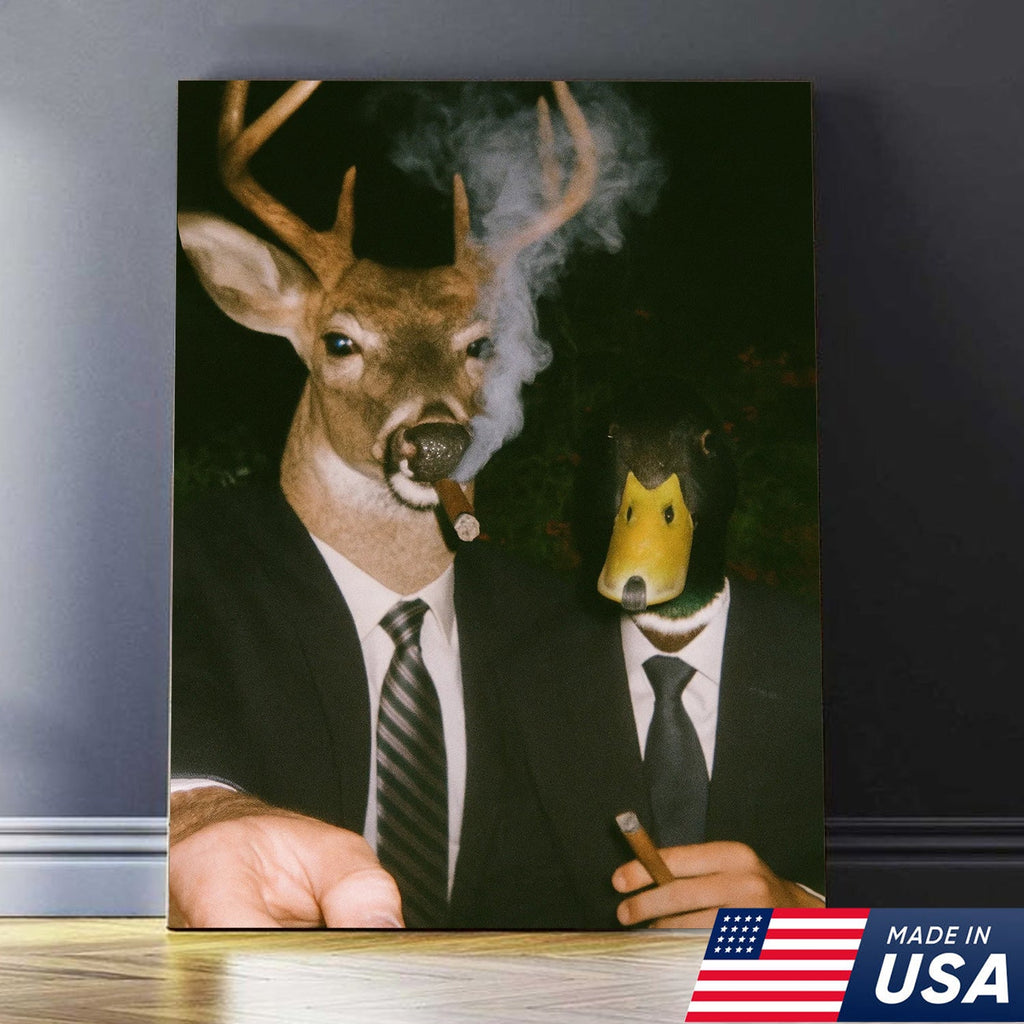 Funny Deer and Duck Canvas Wall Art - Hilarious Animal Duo in Suits