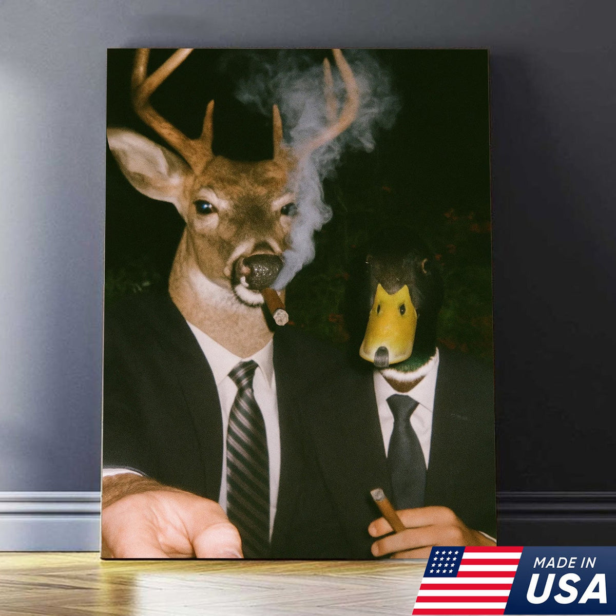 Funny Deer and Duck Canvas Wall Art - Hilarious Animal Duo in Suits