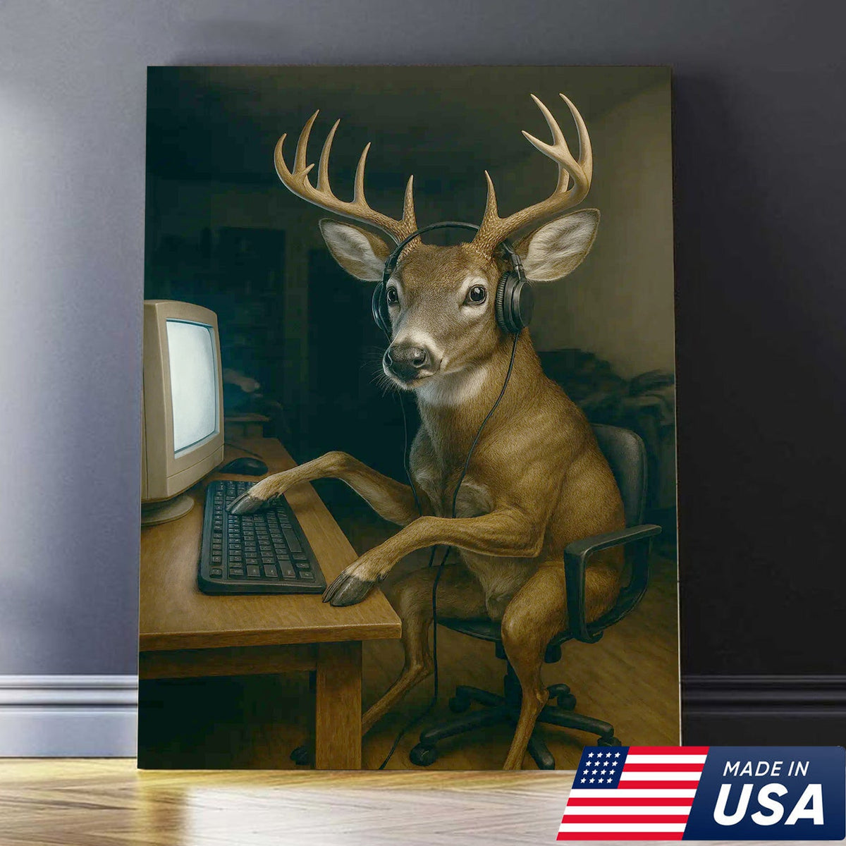 Gaming Deer Canvas Wall Art, Funny Headphone Buck at Computer