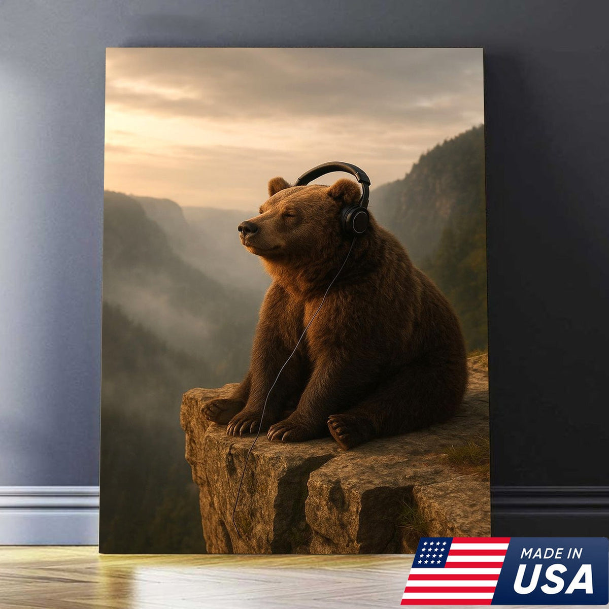 Funny Bear Wall Art, Chill Bear Canvas, Bear with Headphones Art