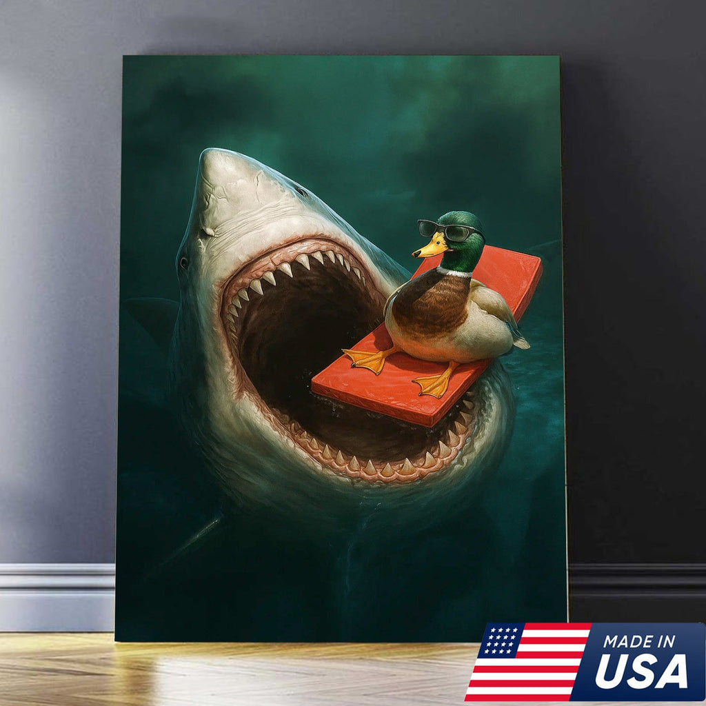 Funny Duck Shark Canvas Wall Art, Fearless Sunglasses Duck Floating Above Shark Jaws Print