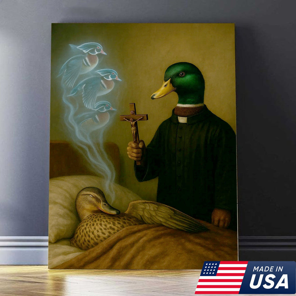 Priest Duck Canvas Wall Art, Surreal Animal Artwork, Funny Dark Humor Painting, Unique Gift for Hunters or Art Collectors