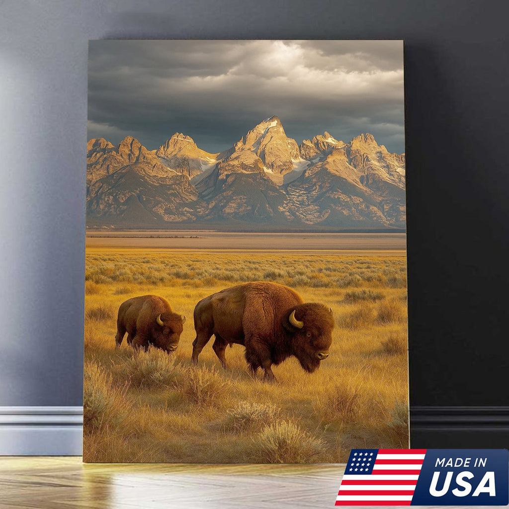 Buffalo Bison Canvas Wall Art, Grand Teton Mountain Landscape Print