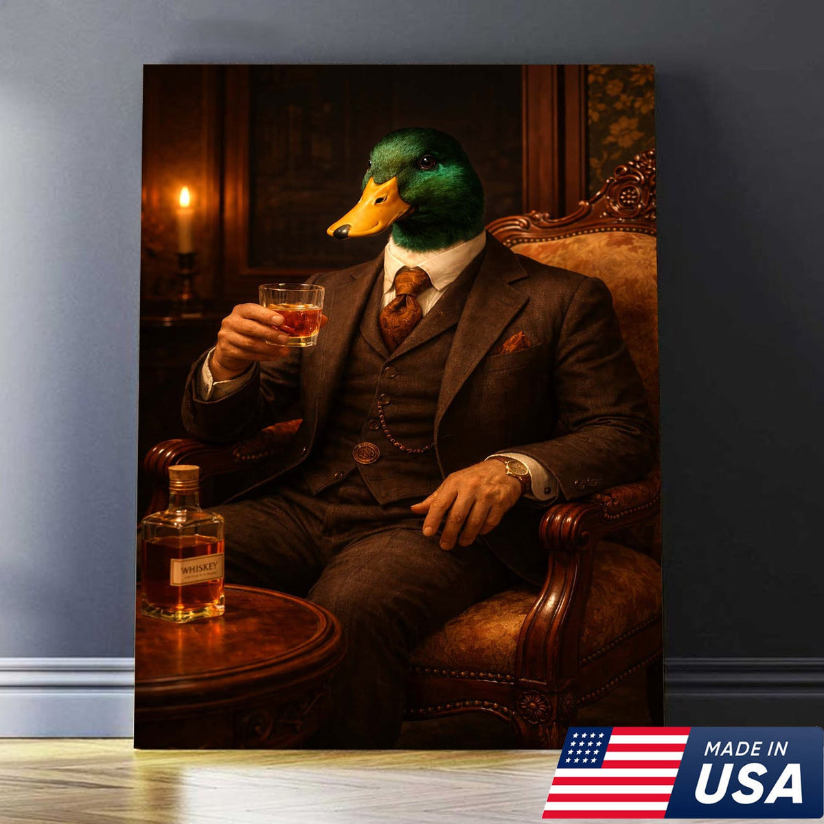 Gentleman Duck Whiskey Portrait Canvas Wall Art, Classy Anthropomorphic Animal Artwork