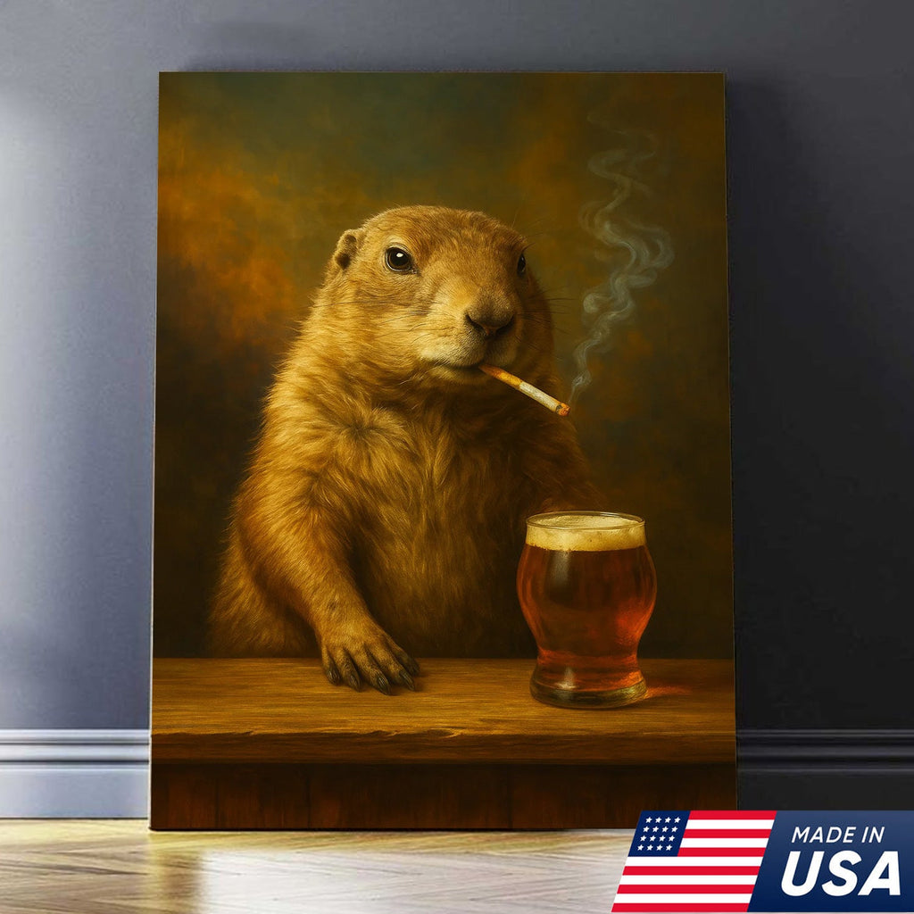 Rustic Prairie Dog Canvas Wall Art – Funny Wildlife Bar Scene with Beer – Hunting Cabin Decor