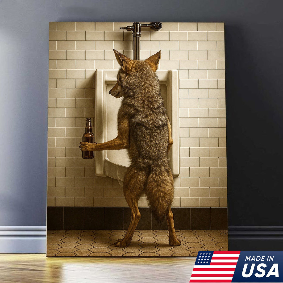 Hilarious Coyote Canvas Wall Art – Funny Bathroom Humor Decor – Rustic Hunting Cabin Gag Gift