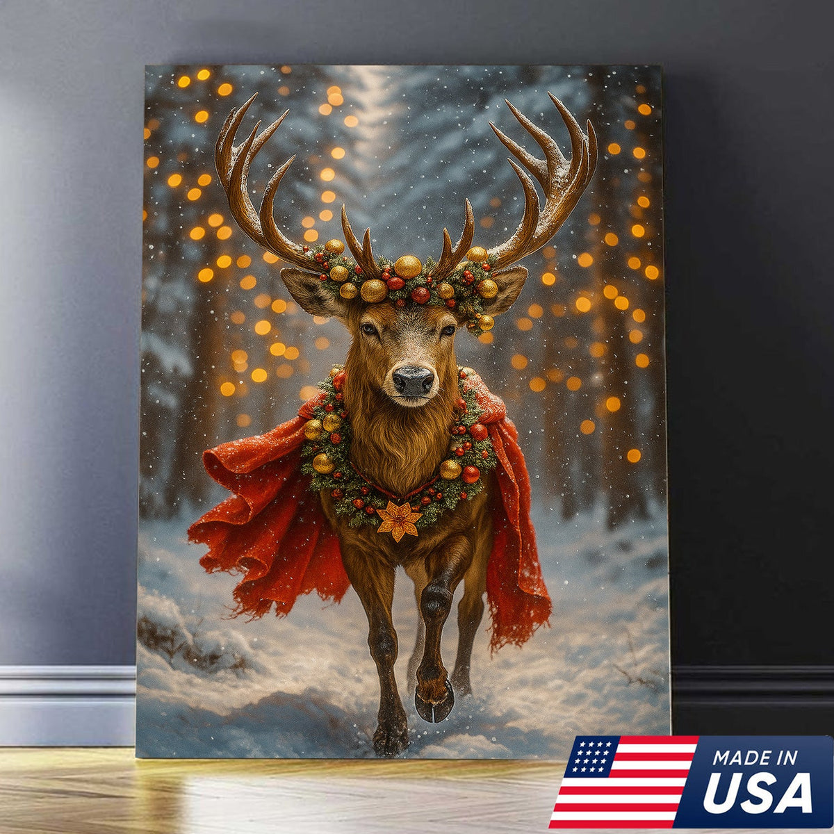 Majestic Christmas Deer Art Canvas – Holiday Forest Decor with Wreath & Red Cape