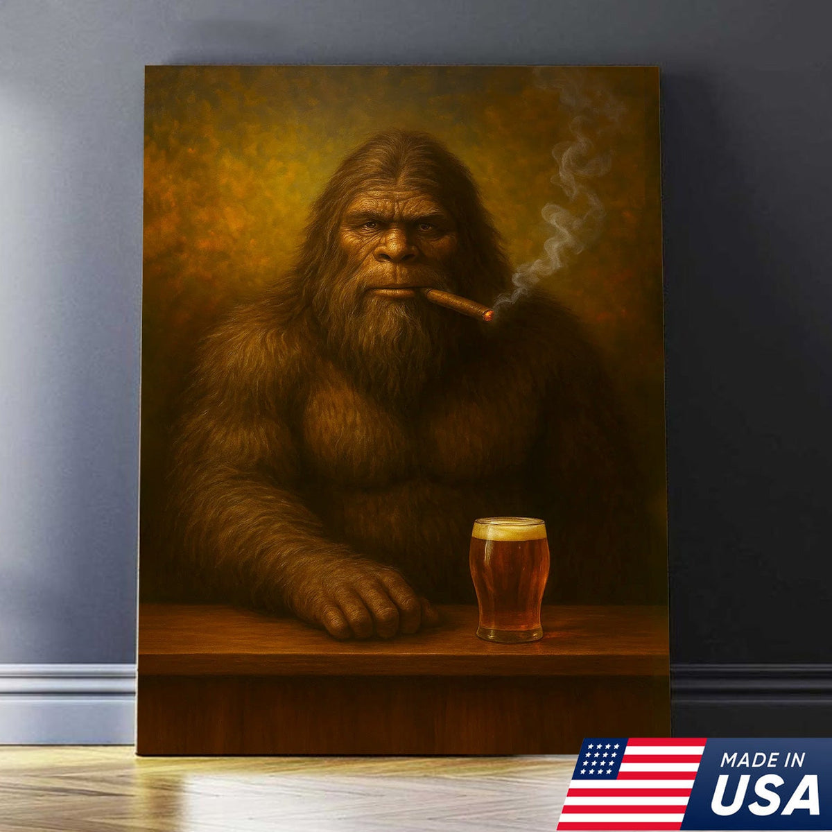 Funny Bigfoot Wall Art Canvas – Funny Sasquatch Smoking & Beer Canvas, Hunting Cabin & Man Cave Decor