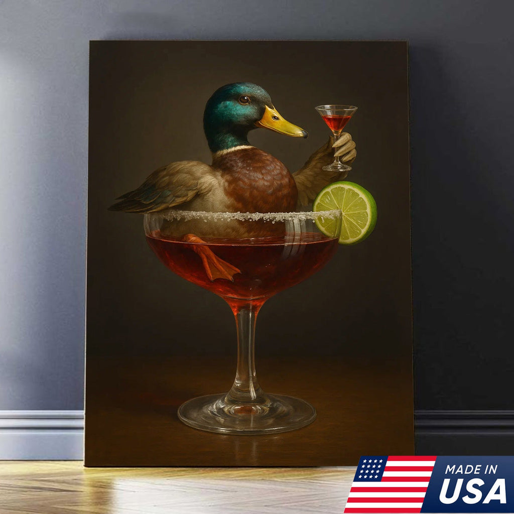 Funny Mallard Duck Canvas Wall Art - Quirky Animal in Cocktail Glass Design