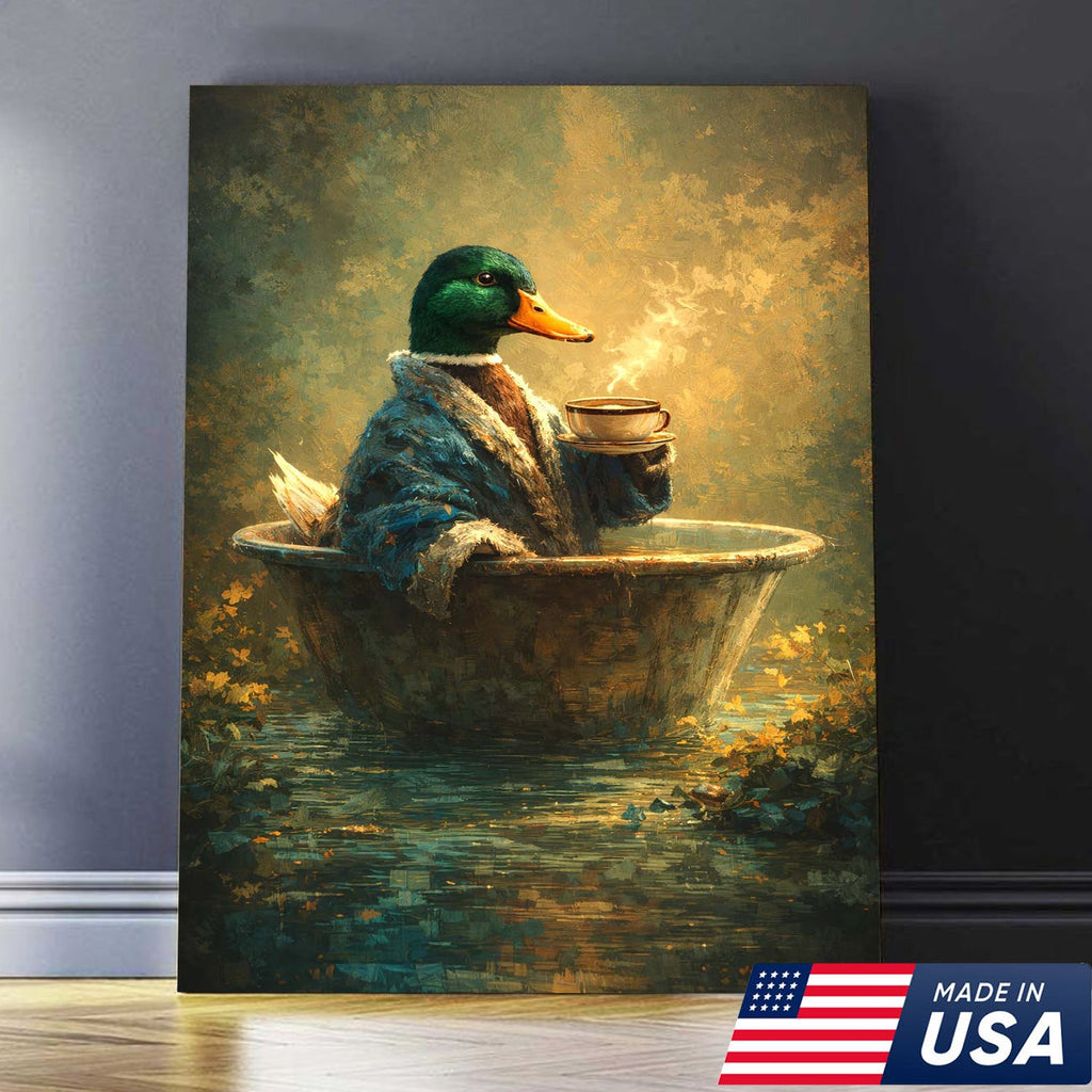 Whimsical Duck Coffee Bath Canvas Wall Art, Cozy Animal Painting