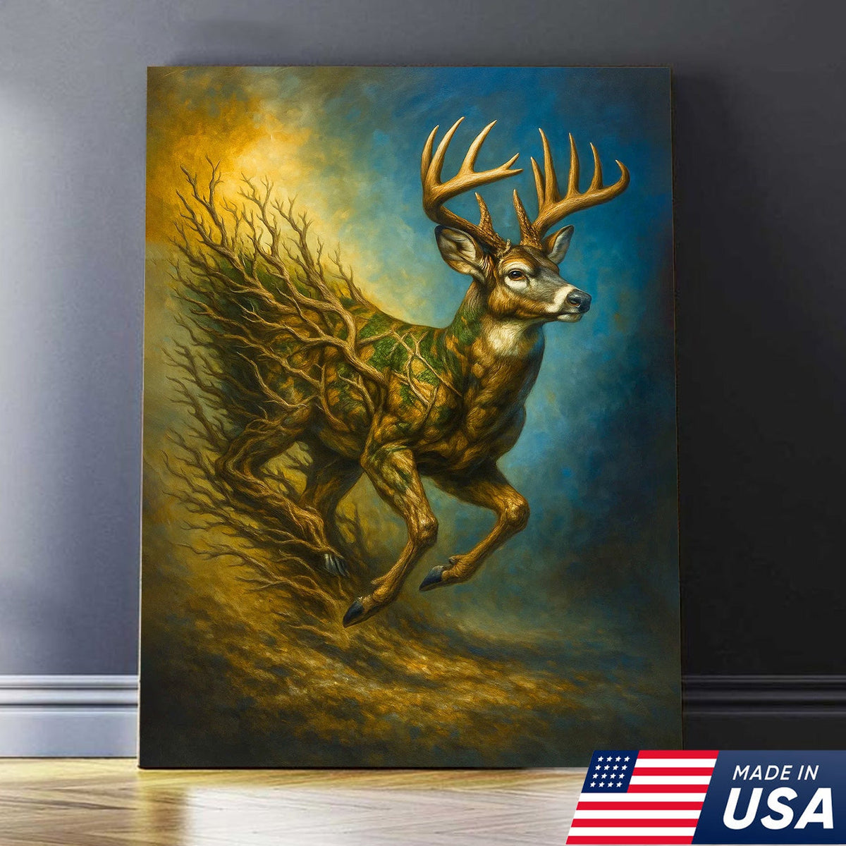 Majestic Deer Canvas Wall Art – Surreal Wildlife Nature Scene – Rustic Lodge and Cabin Decor