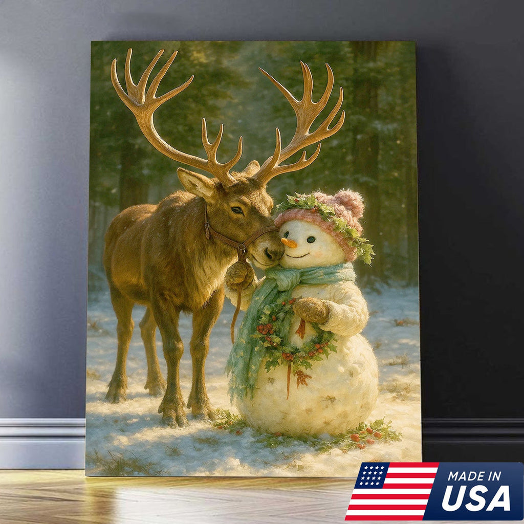 Reindeer and Snowman Friends Christmas Canvas Wall Art, Whimsical Winter Forest Holiday Print