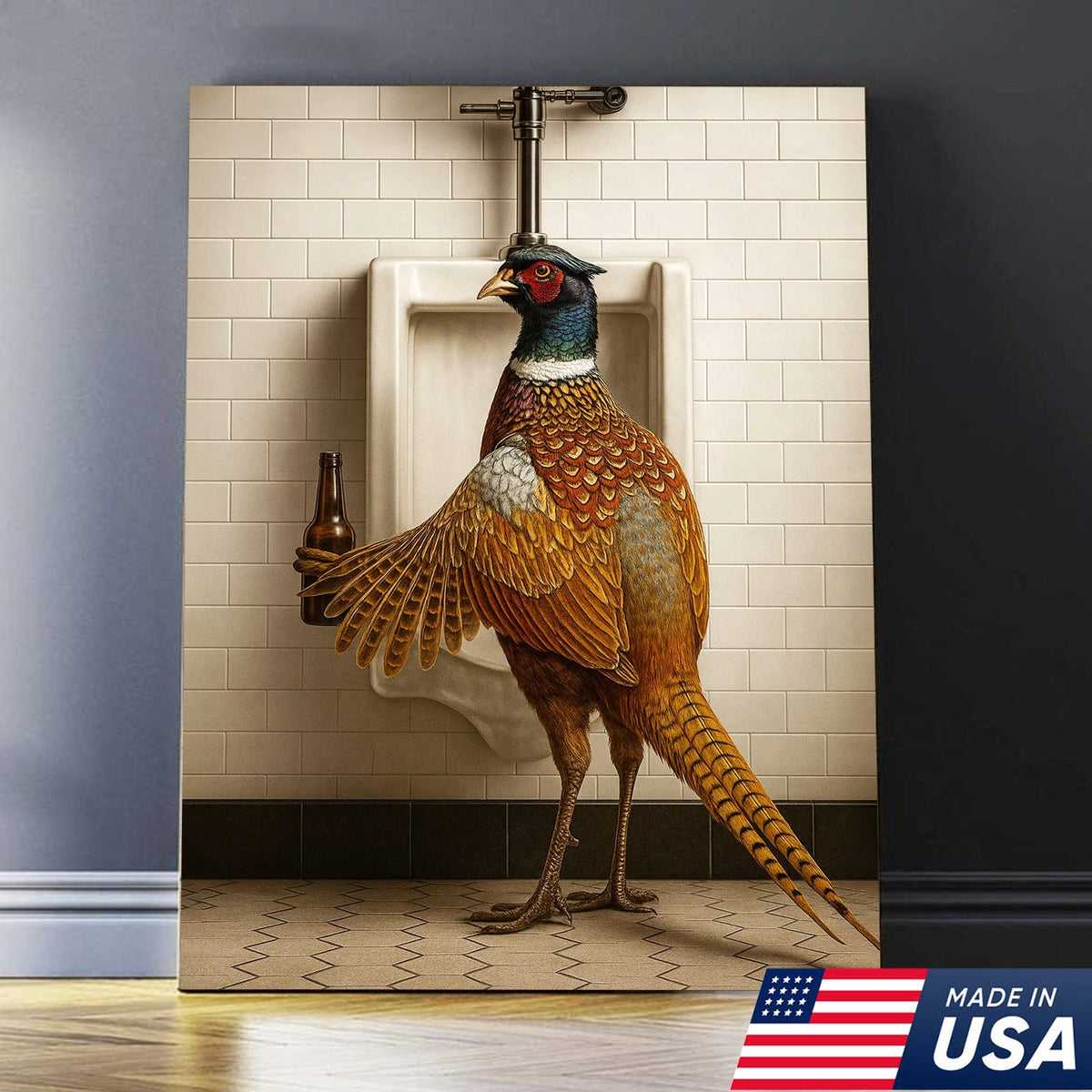 Funny Pheasant Canvas Wall Art – Hilarious Bathroom Humor Decor – Rustic Hunting Cabin Gag Gift