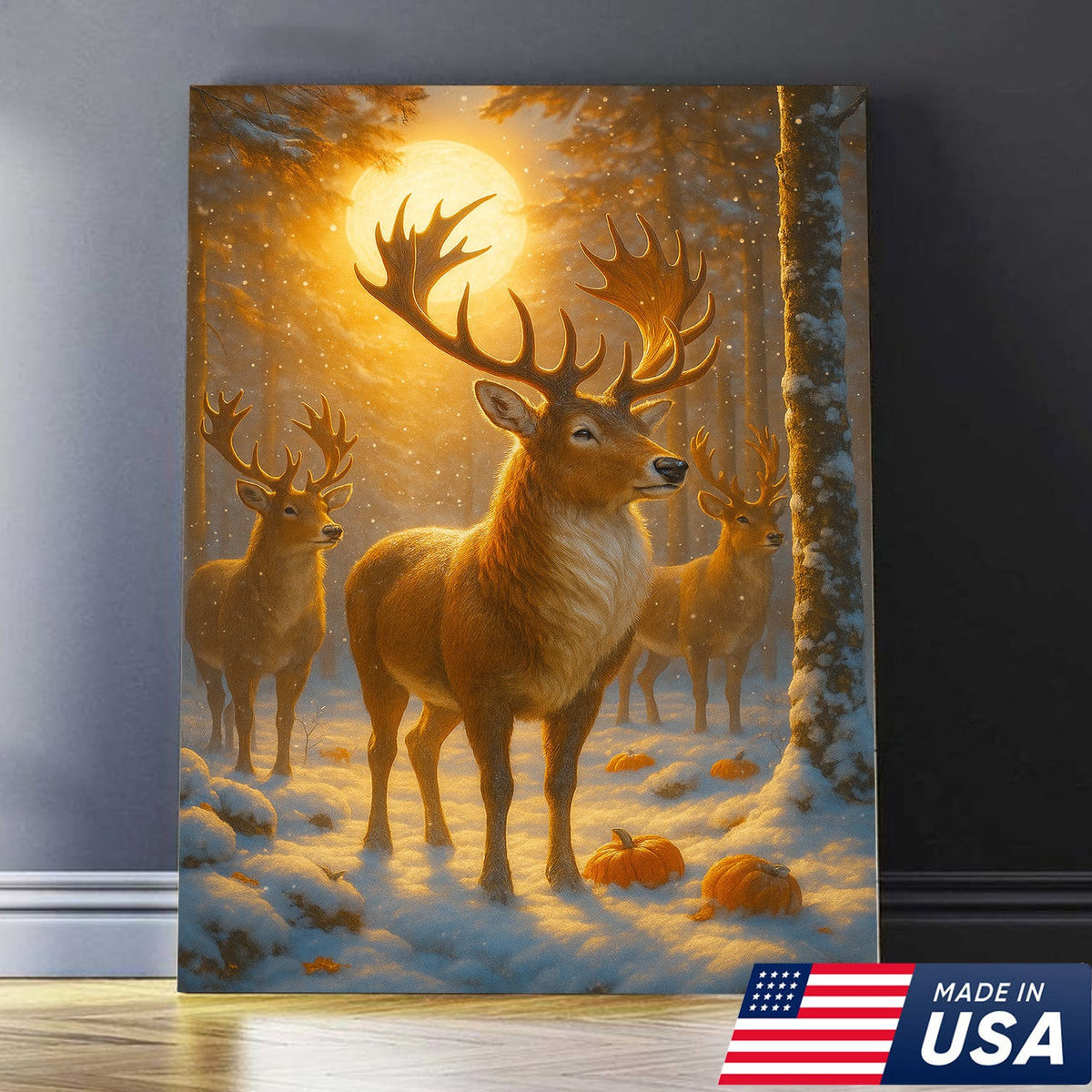 Majestic Winter Buck Under the Harvest Moon Canvas – Rustic Wildlife Wall Art