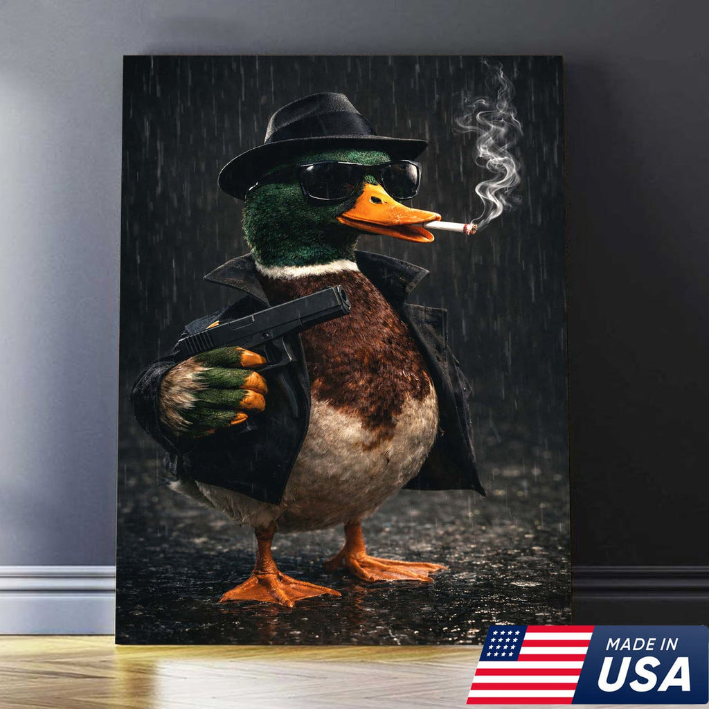 Noir Gangster Duck Canvas Wall Art, Dark Cinematic Animal Illustration