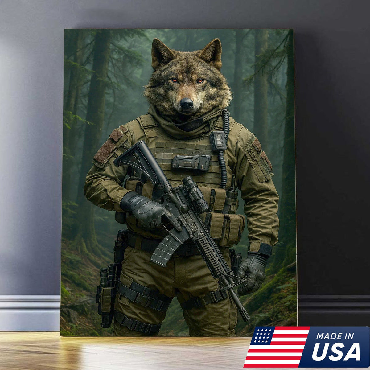 Tactical Wolf Canvas Art – Elite Armored Wolf Warrior in Forest