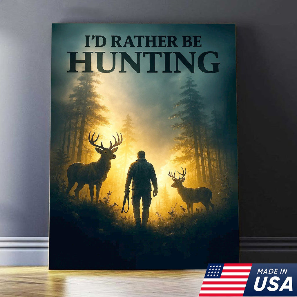 I'd Rather Be Hunting Canvas Wall Art – Rustic Deer and Hunter Scene – Cabin Lodge Outdoor Decor