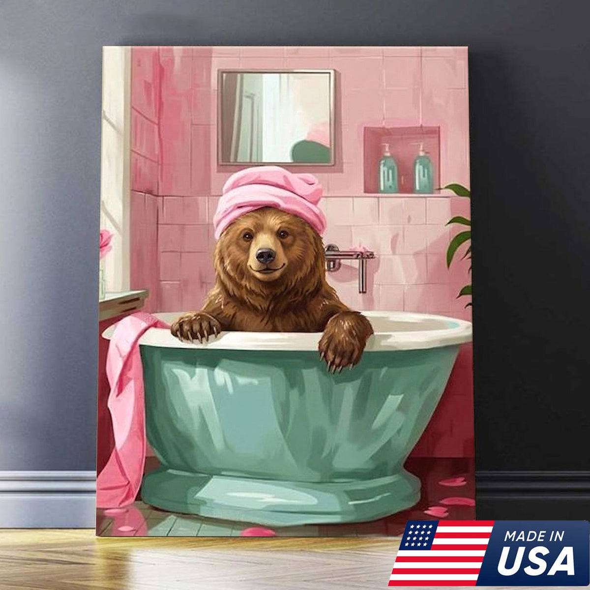 Funny Bear Bathroom Wall Art, Cute Bath Bear Canvas, Pink Bathroom Decor