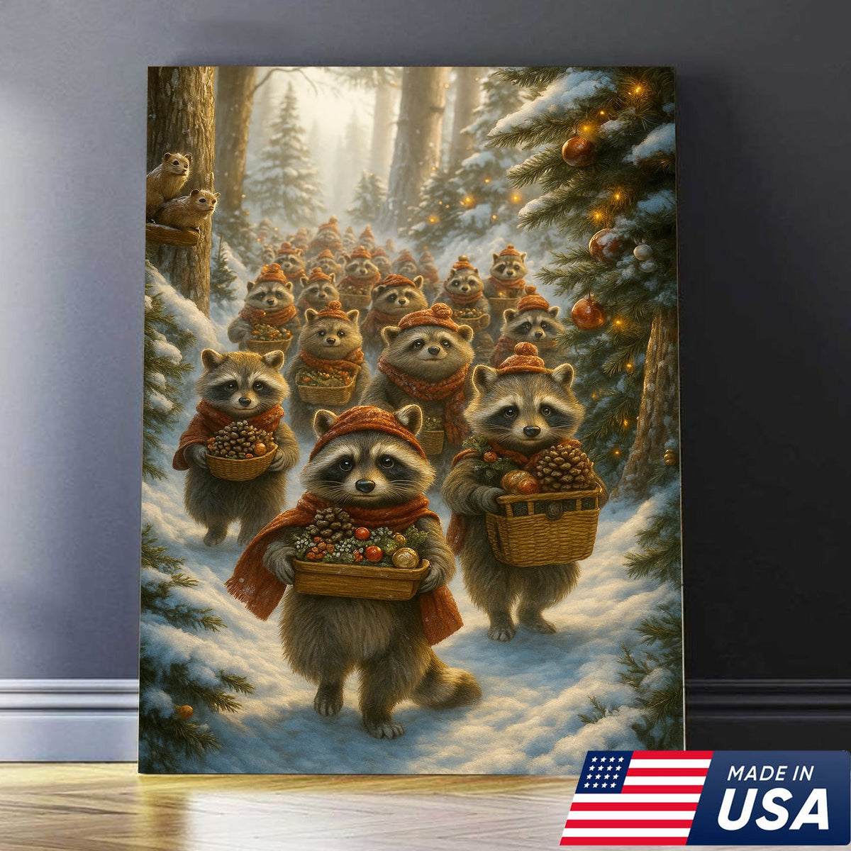 Raccoon Christmas Parade Canvas – Cozy Winter Woodland Wall Art