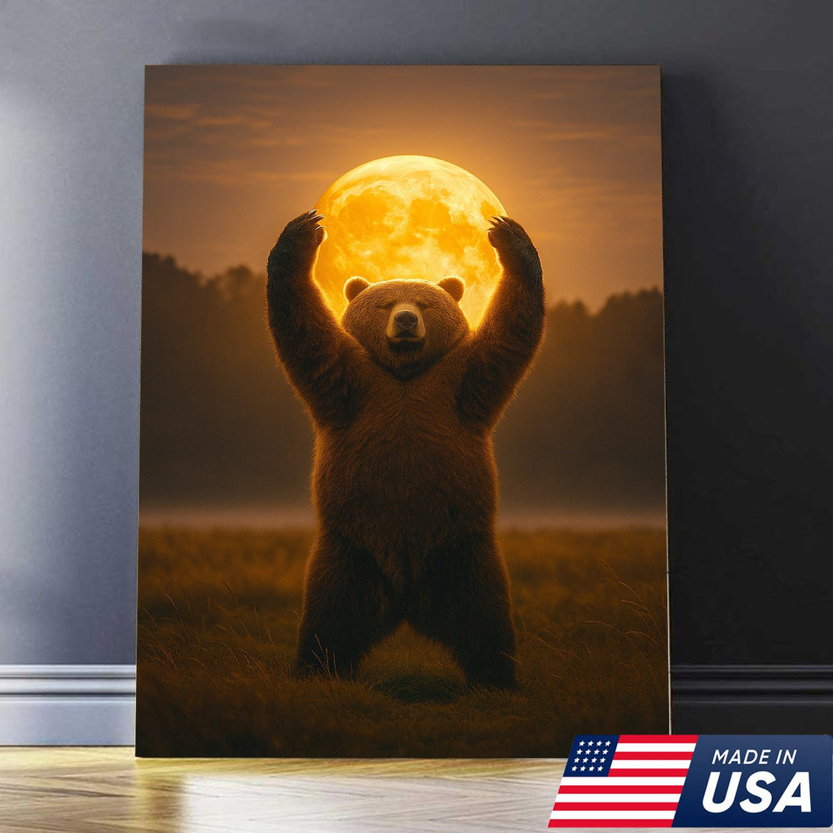 Bear Holding the Full Moon Wall Art Canvas – Mystical Wildlife Decor for Cabin & Nature Lovers