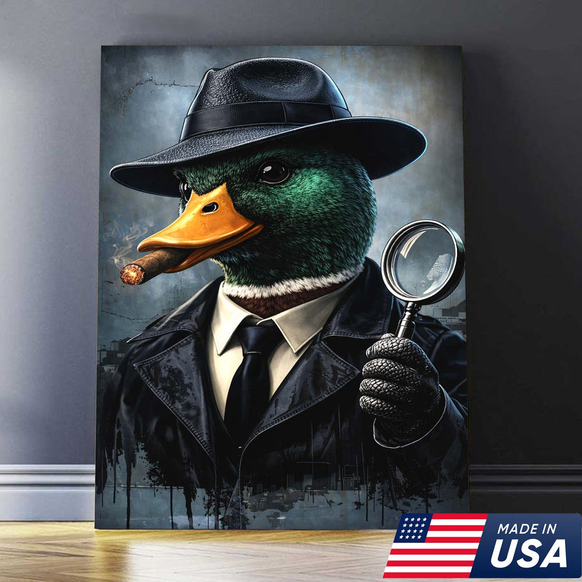 Noir Detective Duck Canvas Wall Art, Cinematic Animal Portrait Painting
