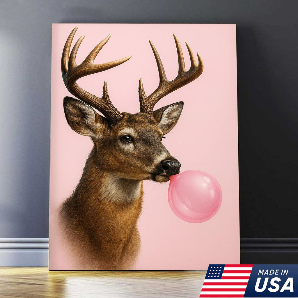 Funny Deer Blowing Bubblegum Wall Art – Modern Animal Canvas Print for Living Room