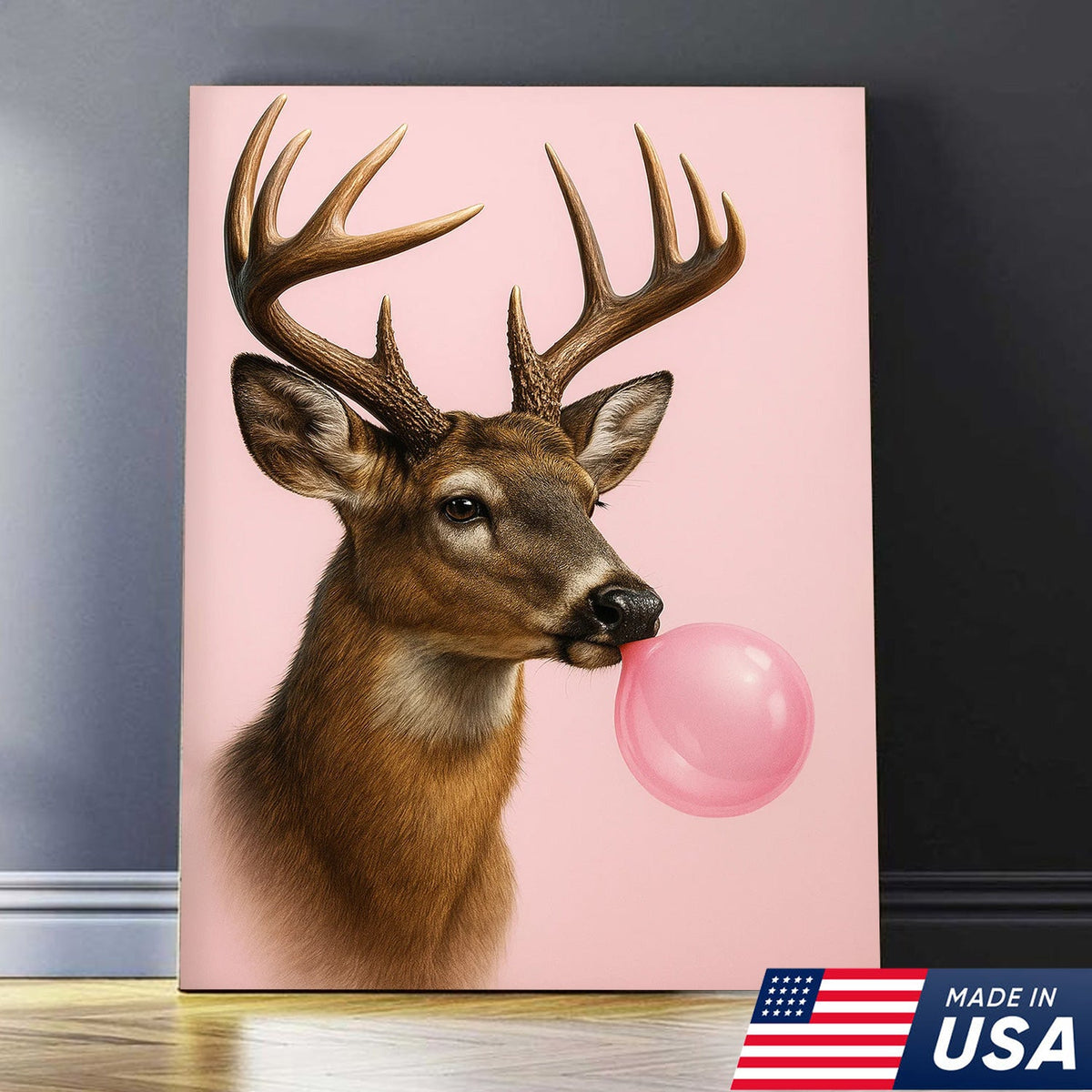 Funny Deer Blowing Bubblegum Wall Art – Modern Animal Canvas Print for Living Room
