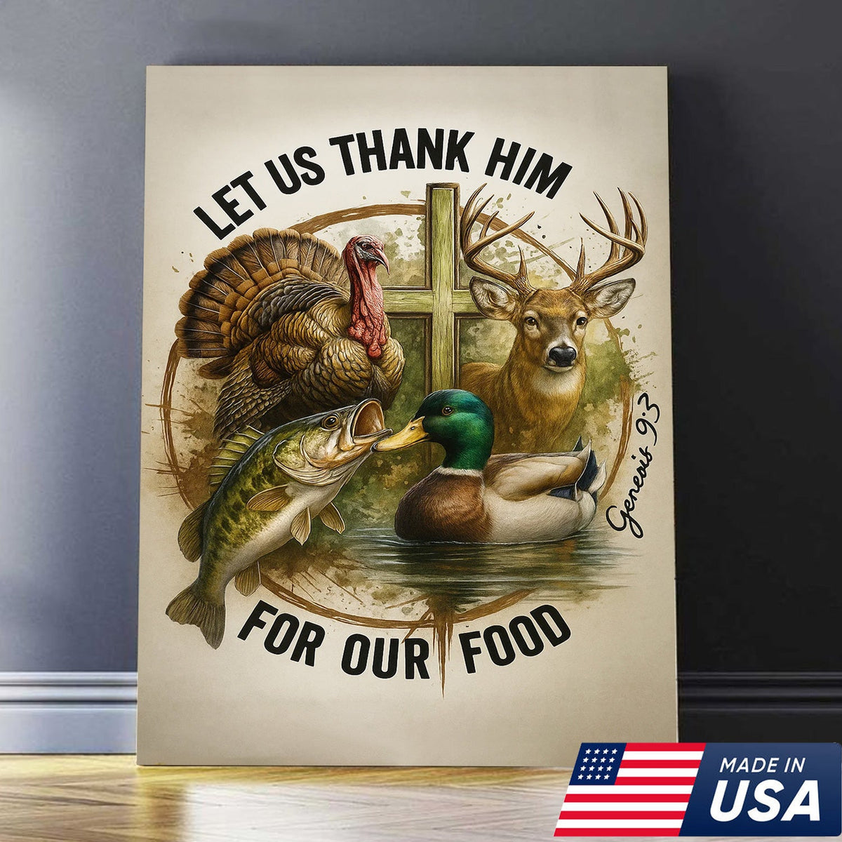 Christian Hunting Canvas Wall Art — “Let Us Thank Him For Our Food” with Deer, Turkey, Duck & Fish