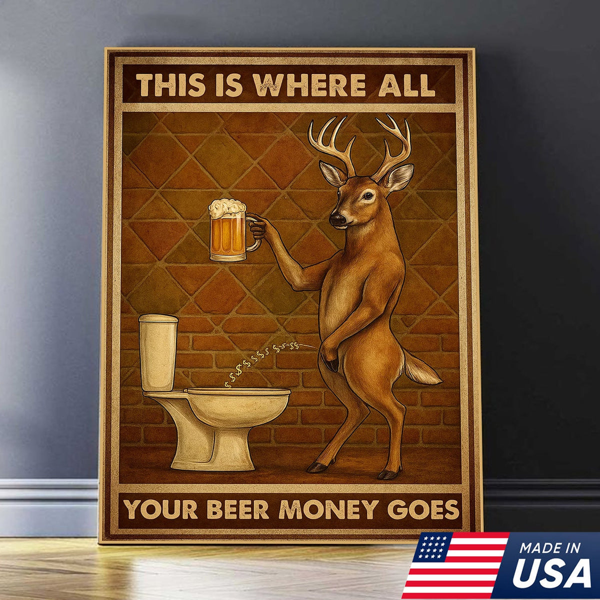 Funny Deer Beer Canvas Wall Art – Rustic Hunting Lodge Bar Decor Gift for Hunters & Beer Lovers