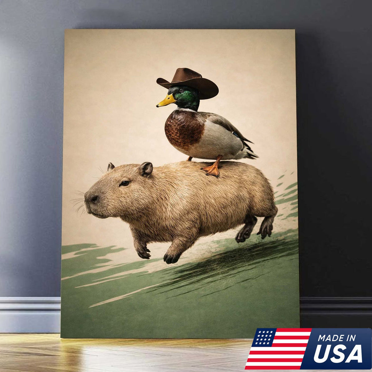 Whimsical Cowboy Duck Riding Capybara Canvas Wall Art, Surreal Animal Adventure Painting