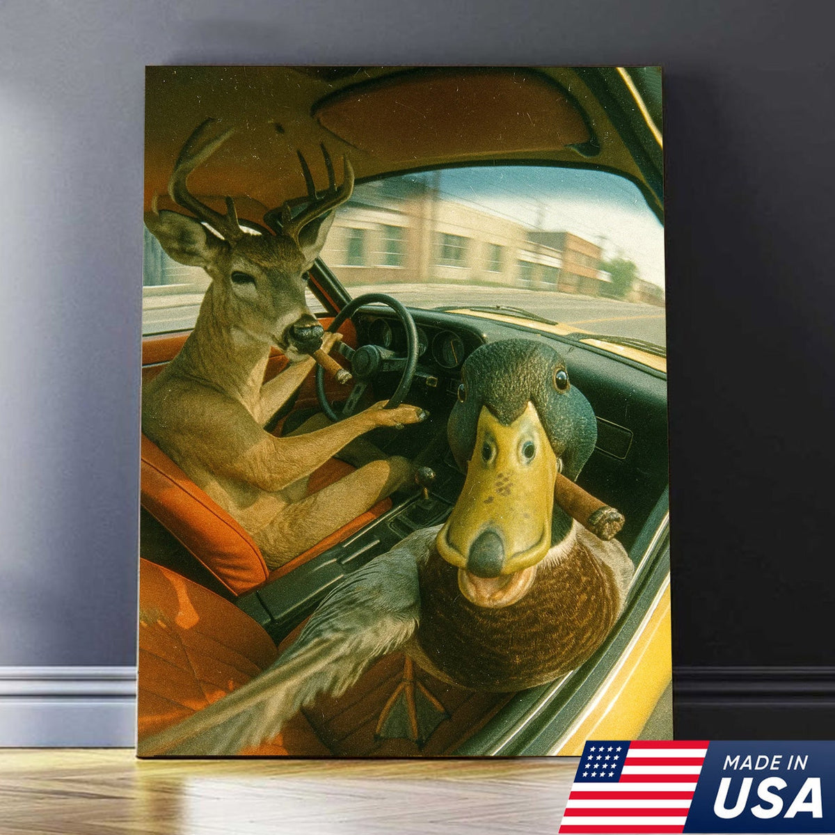 Wild Road Trip Canvas Wall Art – Deer & Duck Adventure Scene – Quirky Rustic Cabin Decor