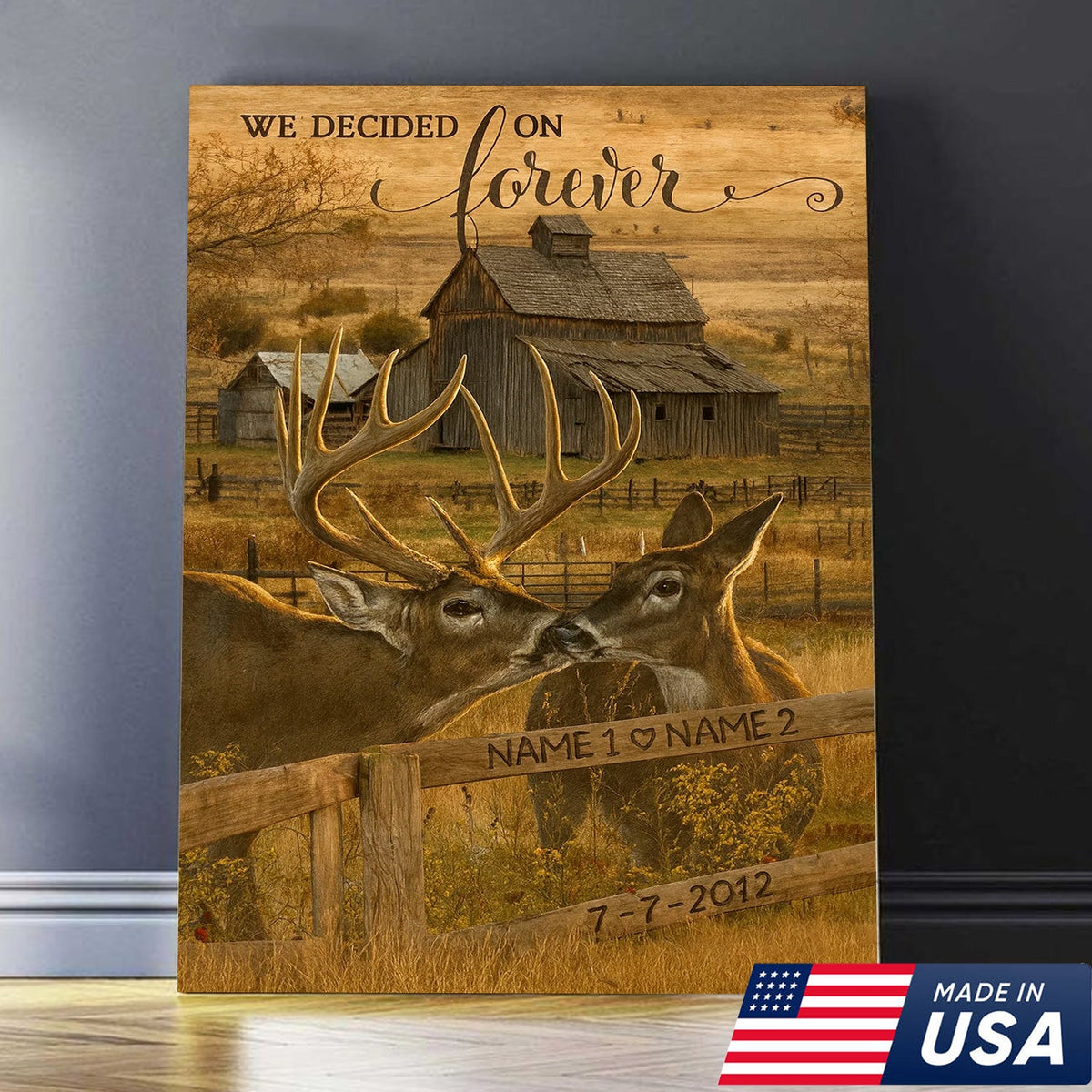 Rustic Deer Couple Canvas Art – Personalized Farmhouse Buck & Doe Kissing Scene