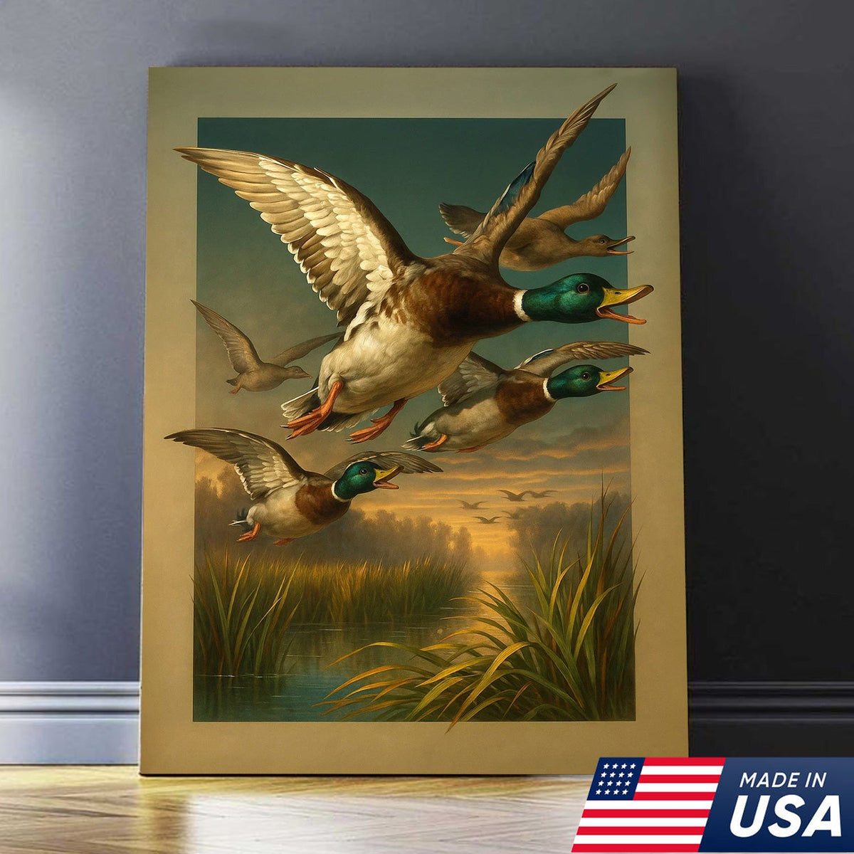 Mallard Ducks Flying Over Marsh Wall Art – Vintage Wildlife Canvas Print
