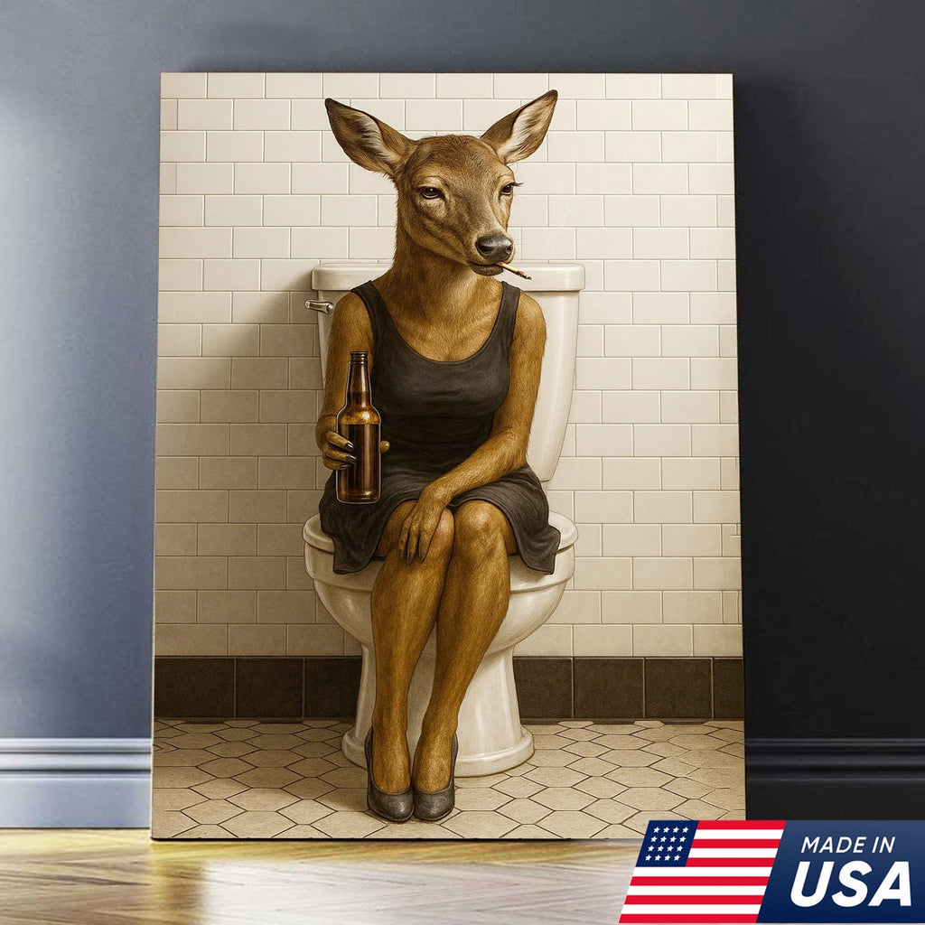 Funny Doe Canvas Wall Art – Hilarious Bathroom Humor Decor – Rustic Cabin Lodge Gag Gift
