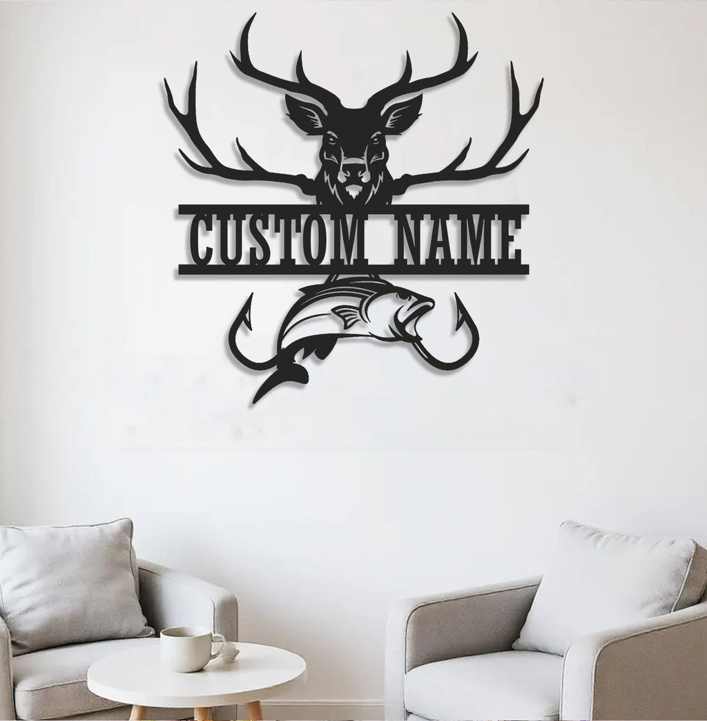Personalized Deer & Fish Metal Sign WITH LED/WITHOUT LED Light Rustic Cabin Wall Decor Hunter Fisher Gift