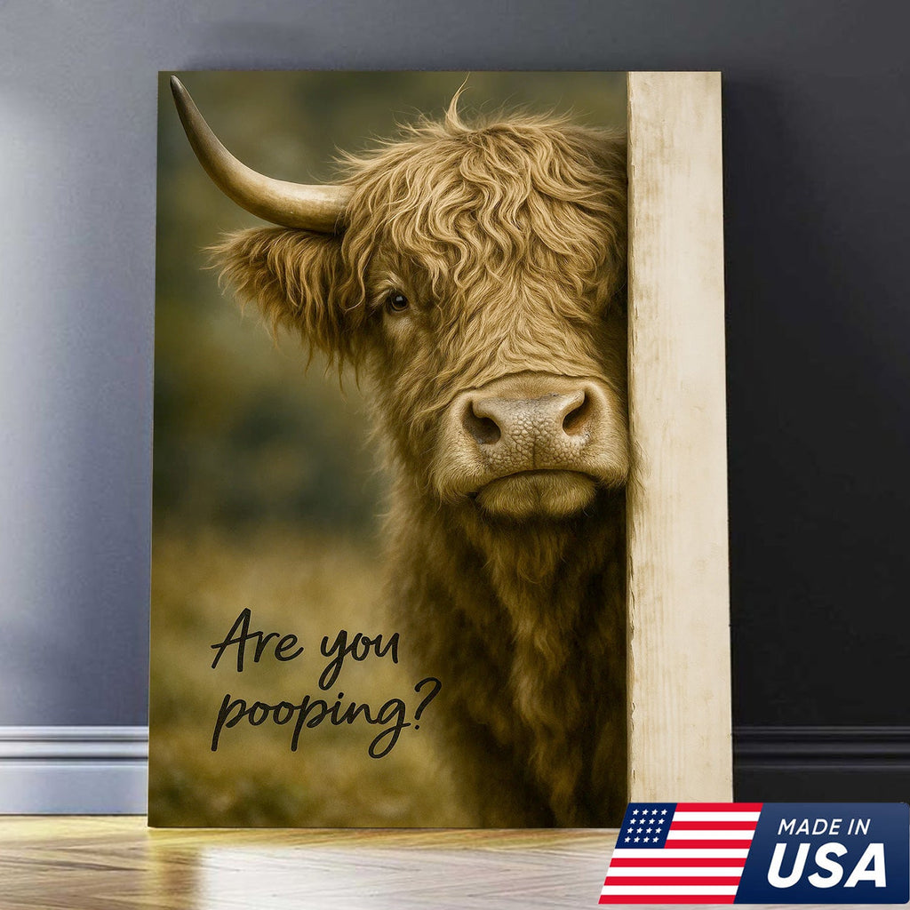 Highland Cow Bathroom Wall Art, Funny “Are You Pooping?” Farmhouse Canvas