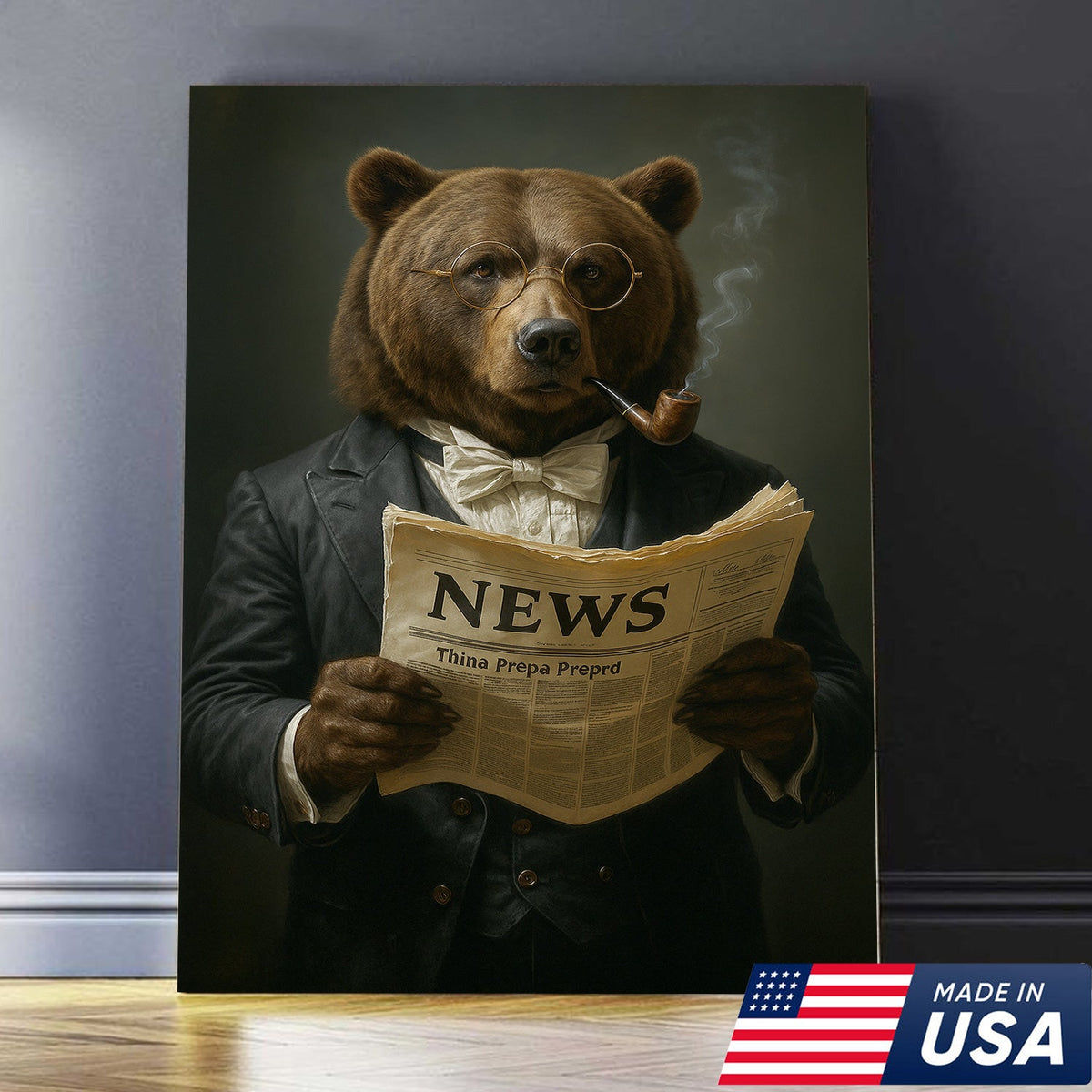 Bear Reading Newspaper Canvas Wall Art – Vintage Gentleman Bear Wall Decor for Home & Office