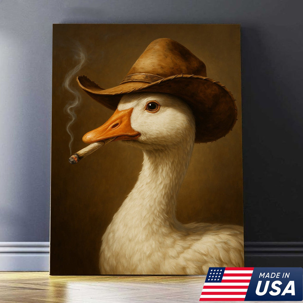 Cowboy Duck Canvas Wall Art – Funny Rustic Decor for Hunters & Man Cave