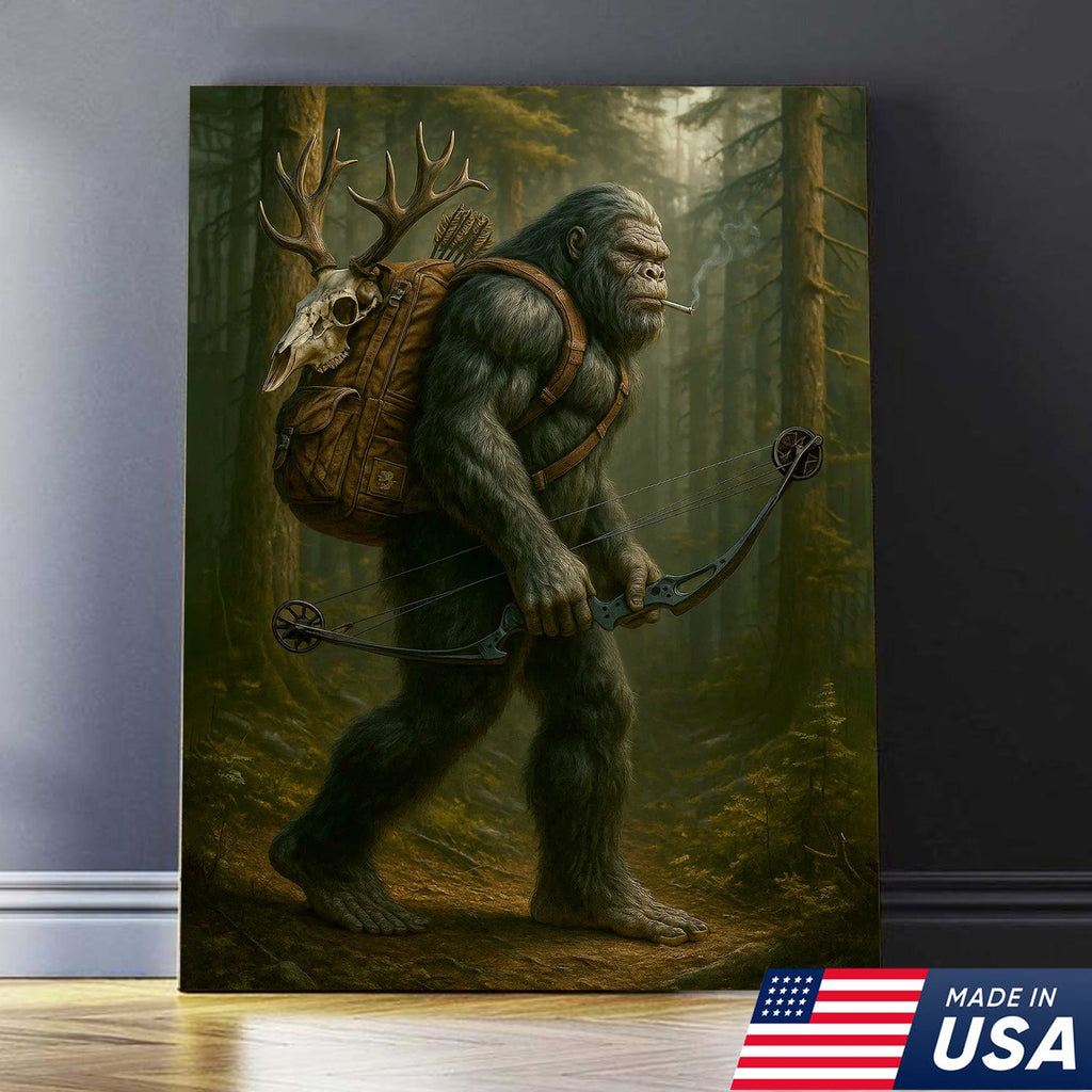 Bigfoot Hunter Canvas, Forest Archery Wall Art, Rustic Woodland Decor for Outdoor Adventure Lovers
