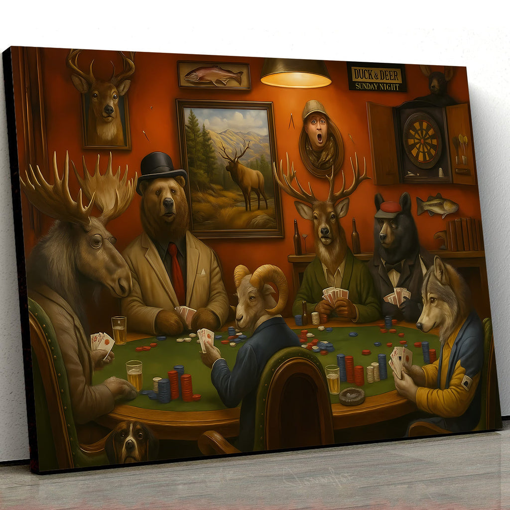 Animals Playing Poker Canvas Wall Art, Woodland Lodge Game Room Decor