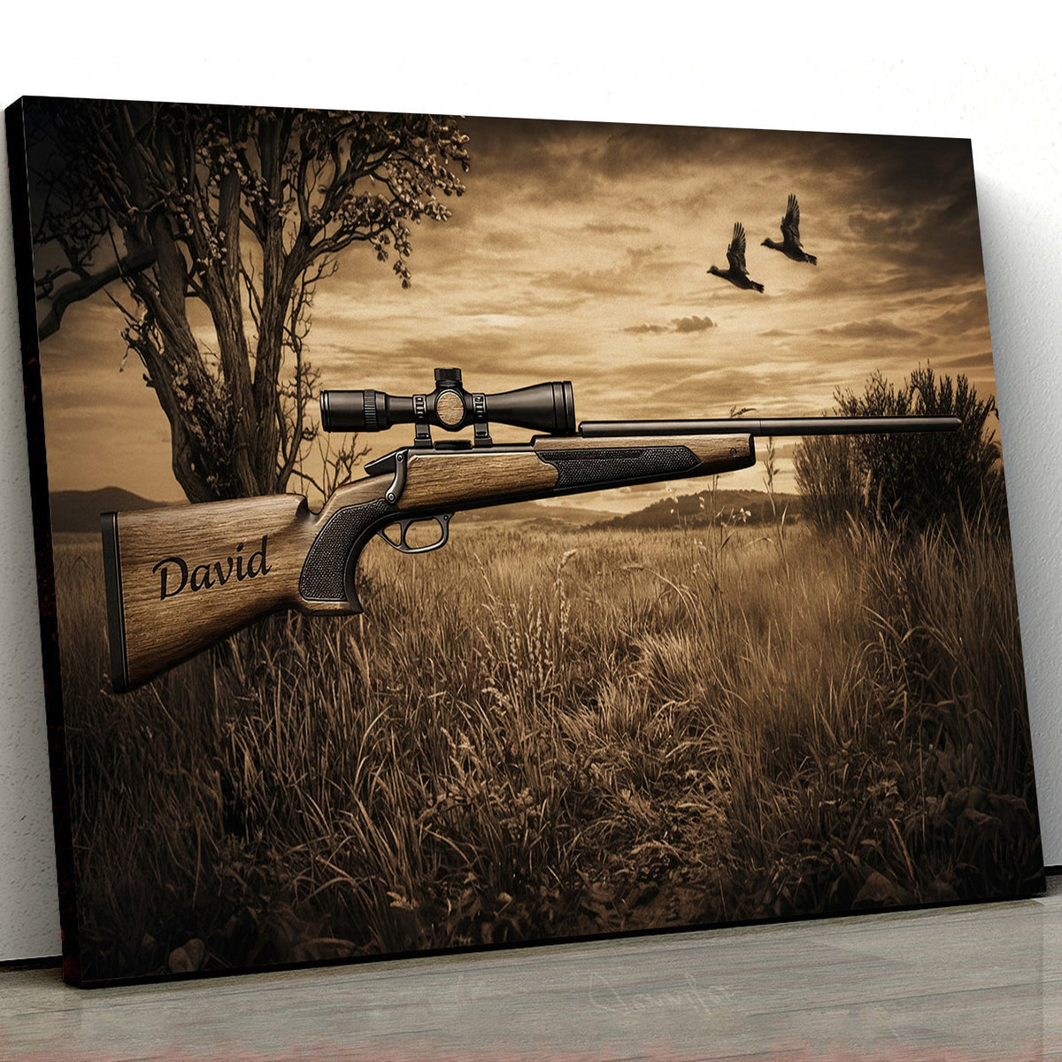 Personalized Hunting Rifle Canvas Wall Art, Custom Name Engraved Gun Artwork