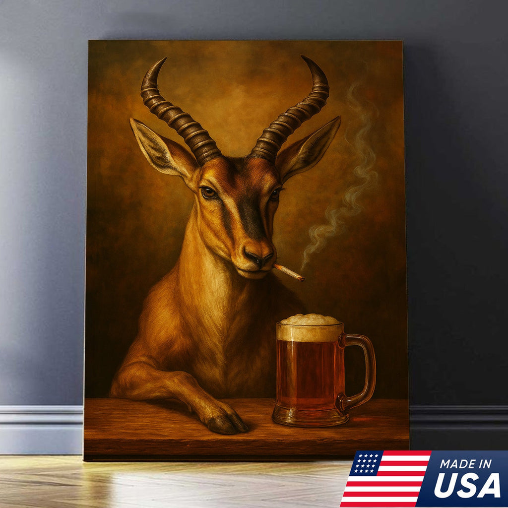 Funny Antelope Smoking & Beer Canvas Wall Art - Hunting Perfect Gift for Hunters