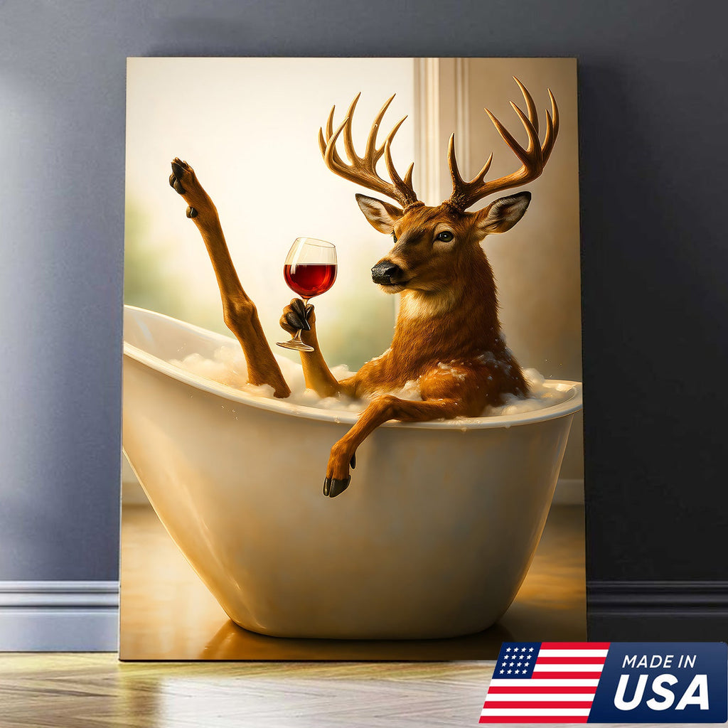 Relaxing Deer in Bathtub Funny Wall Art – Unique Gift for Hunters, Rustic Cabin Decor Canvas