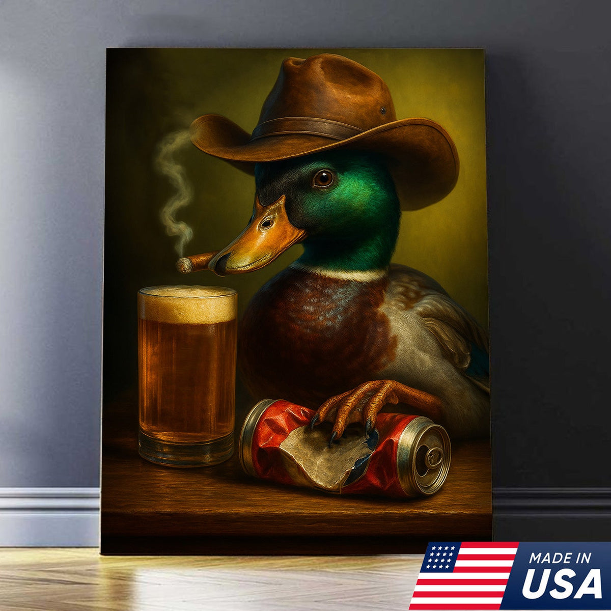 Duck Cowboy Canvas Wall Art – Funny Rustic Beer Decor for Waterfowl Hunters & Cabins