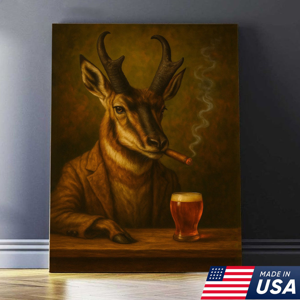 Funny Antelope Smoking & Beer Glass Canvas Wall Art - Hunting Perfect Gift for Hunters